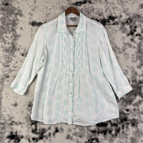 J Jill Linen Top Womens‎ Size PM Ruched Chest Collared Button Up Woven - Picture 1 of 11